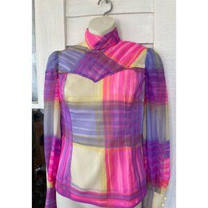 Vintage 1970s Silk chiffon High Collar Womens Western Shirt Small